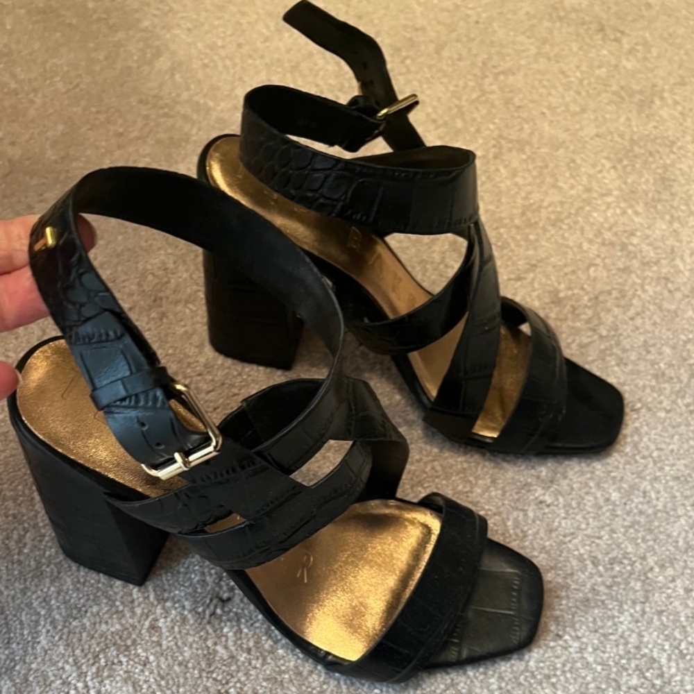 Ted Baker Black Croc-Effect Strappy Block Heel Sandals with Gold Footbed
